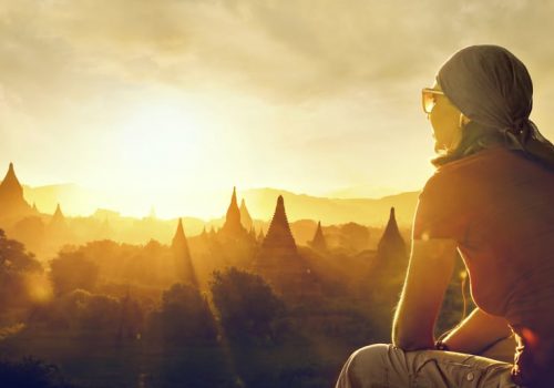 Bagan Myanmar Asia at sunset view from top of a temple