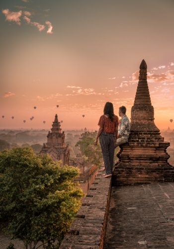 Bagan old ruins temples and pagoda during sunrise Myanmar