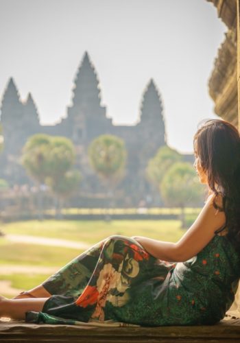 Portrait of young asian millennial brunette girl in the premises of Angkor Wat Cambodia Asia